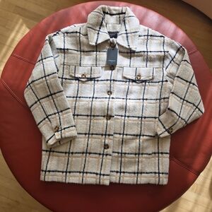 FRNCH Paris, SECIL, Plaid Grid Wool Blend Shacket in Cream. Sz. L NWT